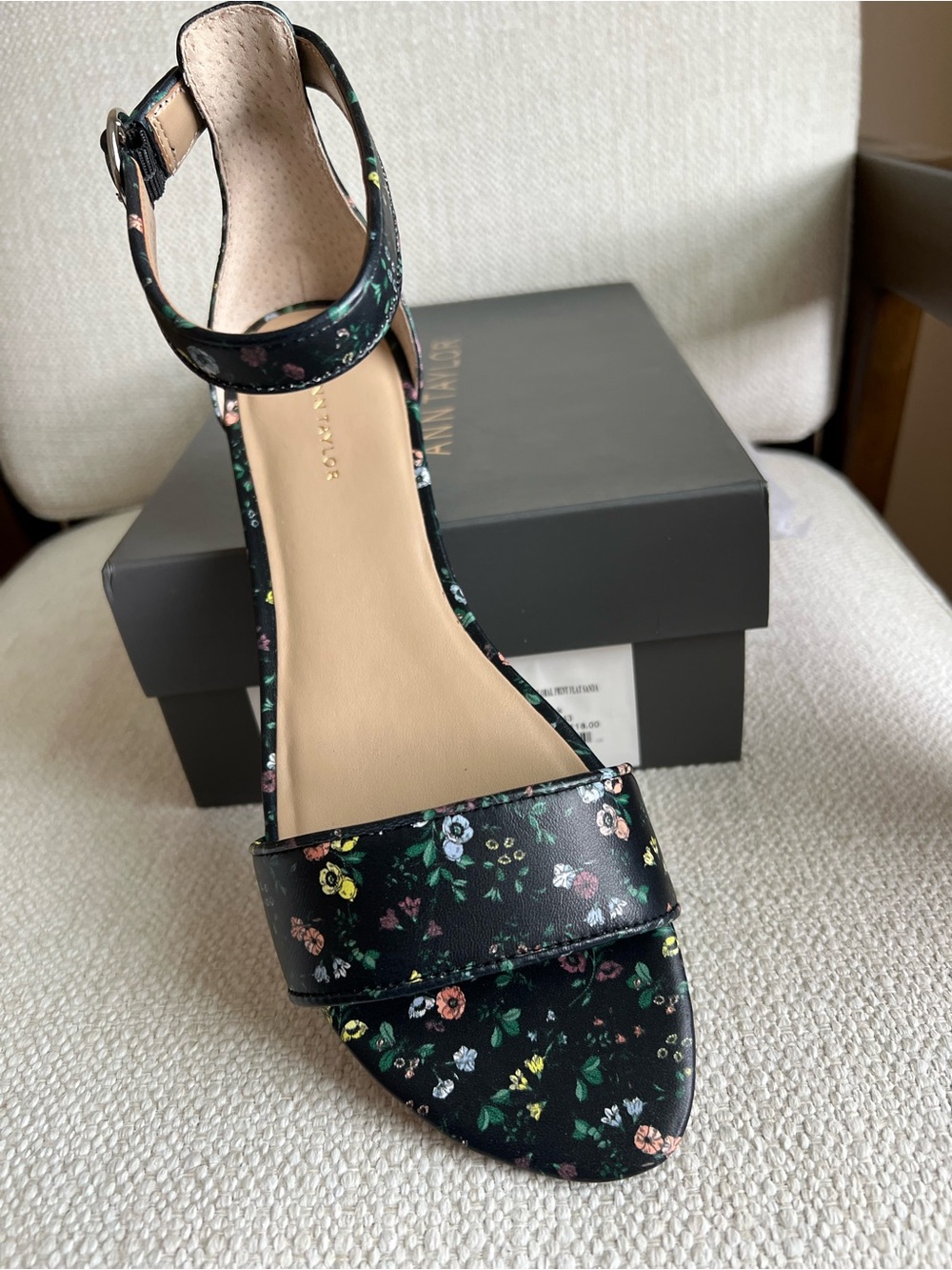 Ann Taylor Black Floral Ankle-Strap Heels